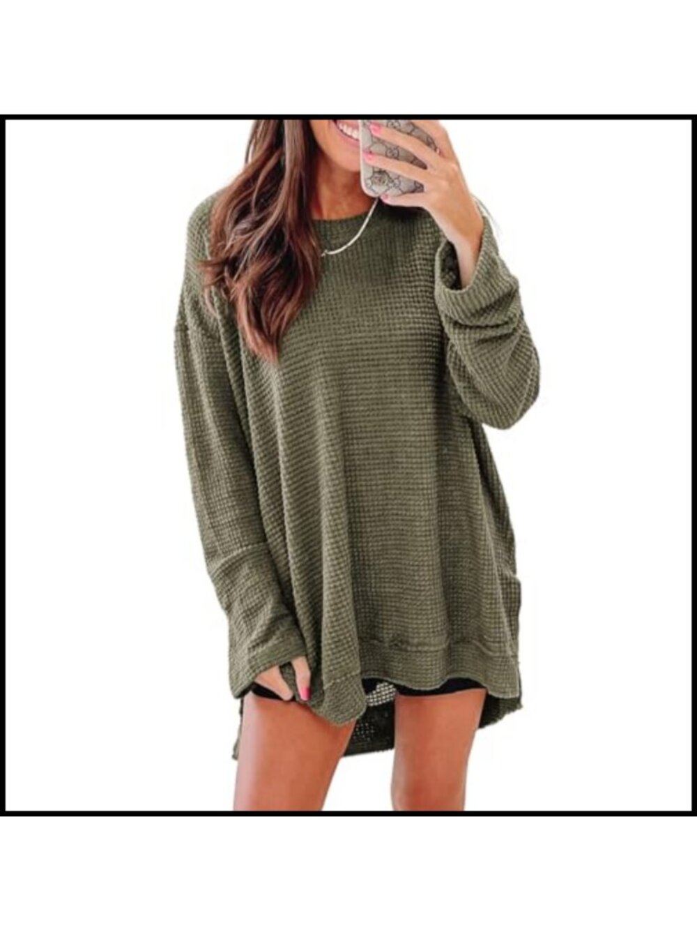 Oversized Waffle Knit Long Sleeve Crewneck Tunic Top Casual Fall Sweatshirt